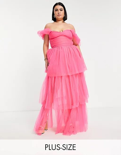 Lace & Beads Plus exclusive off shoulder tulle maxi dress in bright pink | ASOS (Global)