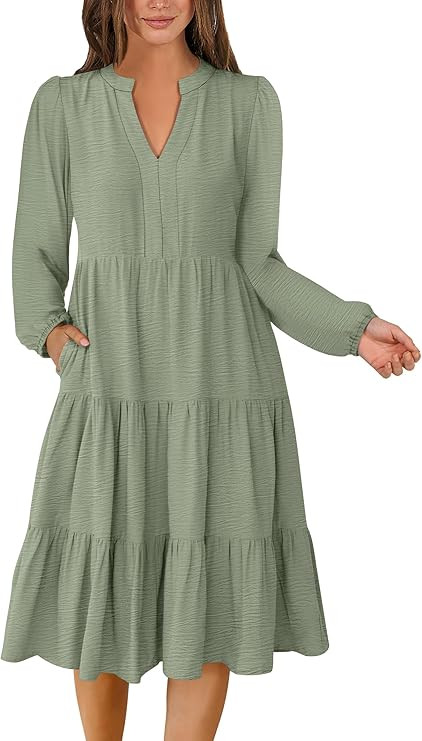 ANRABESS Womens Long Sleeve Midi Dresses | V Neck Swing Tiered Dress, Beach Vacation Work Busines... | Amazon (US)