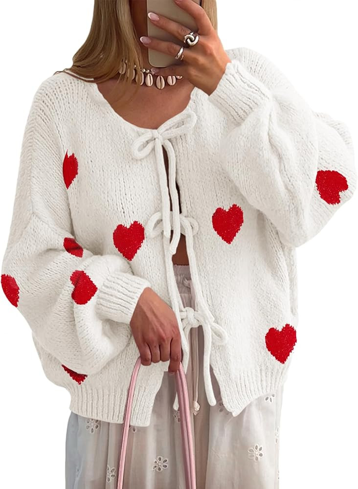 Saodimallsu Womens Tie Front Cardigan Sweaters Cute Bow Puff Long Sleeve 2025 Fall Loose Ribbed K... | Amazon (US)