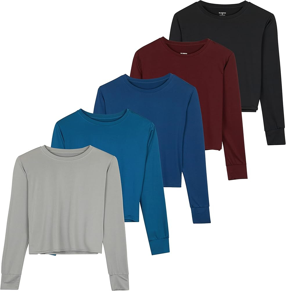 Real Essentials 5 Pack: Women's Dry Fit Crop Top - Long Sleeve Crew Neck Stretch Athletic Tee (Av... | Amazon (US)