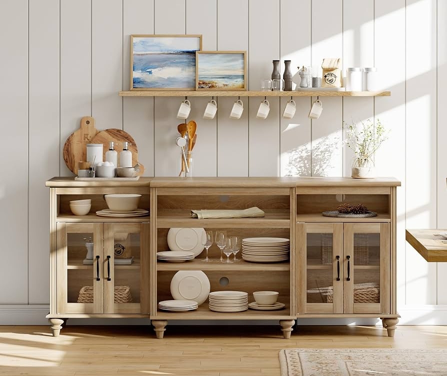 WAMAPT Buffet Cabinet with 4 Glass Doors, Large Coffee Bar Tables Wood Kitchen Storage Cabinets w... | Amazon (US)