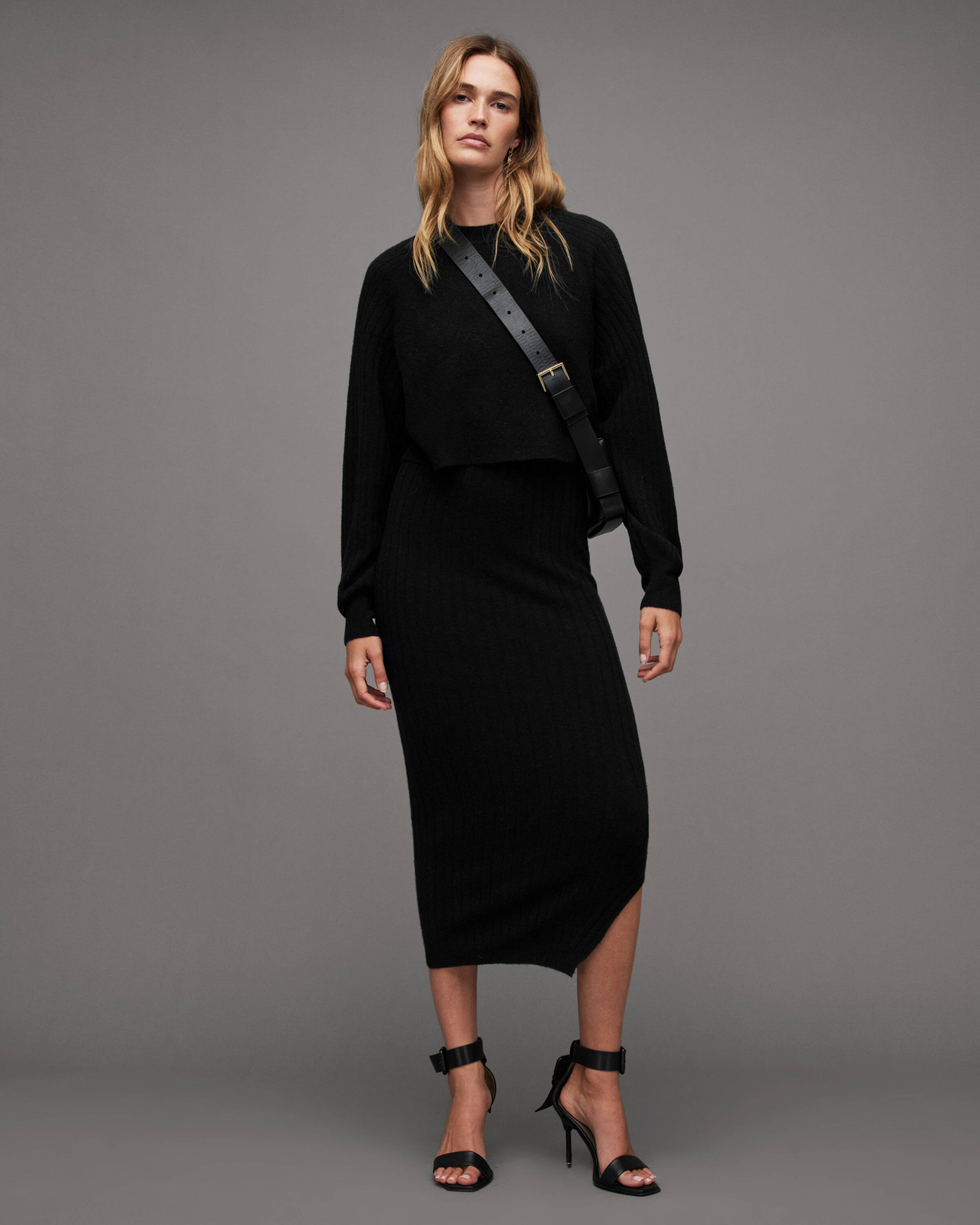 Margot 2-In-1 Ribbed Crew Neck Midi Dress Black | ALLSAINTS US | AllSaints US