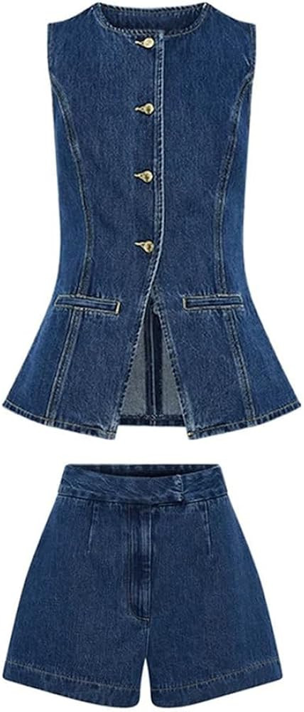 Women Suit Sets Single Breasted Sleeveless Crewneck Vest Tops And High Waist Shorts Denim Set | Amazon (US)