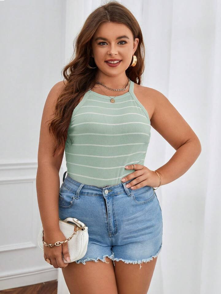 SHEIN Essnce Plus Striped Print Halter Top | SHEIN