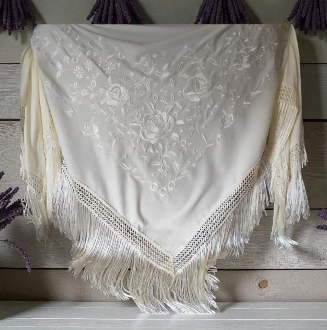 XXL Spanish flamenco shawl in cream color. Floral embroidery in white. New | Etsy (US)