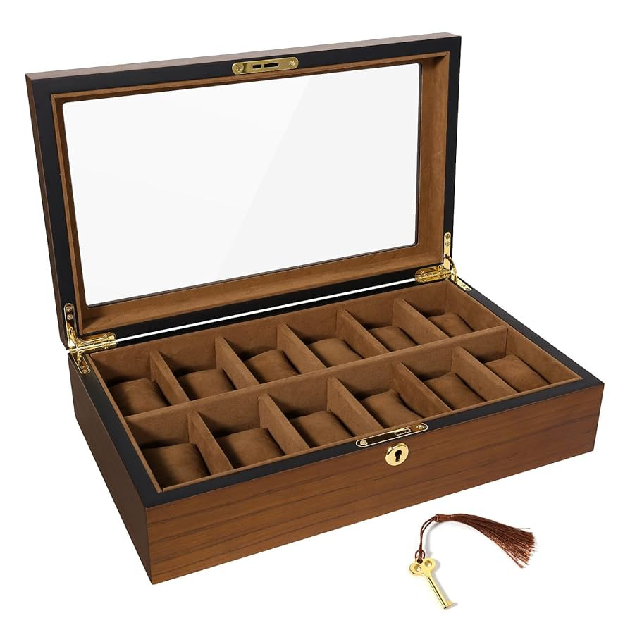 Uten Watch Box with 12 Slots, Watch Case Organizer with Golden Lock and Key, Wooden Watch Display... | Amazon (US)