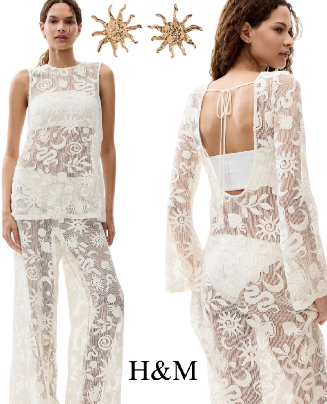 Lace, beach, cover-up, crochet, resort, vacation, pool, gold, Sunburst, earrings, look for less, ivory, white, pants, top, dress.

#LTKootd #LTKSwim