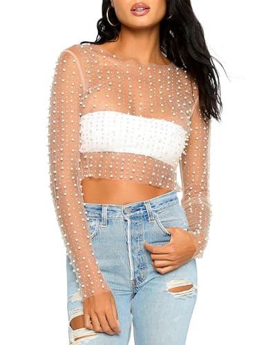 Cioatin Women Rhinestone Pearl Sheer Mesh Long Sleeve Sparkle Tops Y2K Sequin Beaded Crop Top Glitter See Through Shirt Nude | Amazon (US)