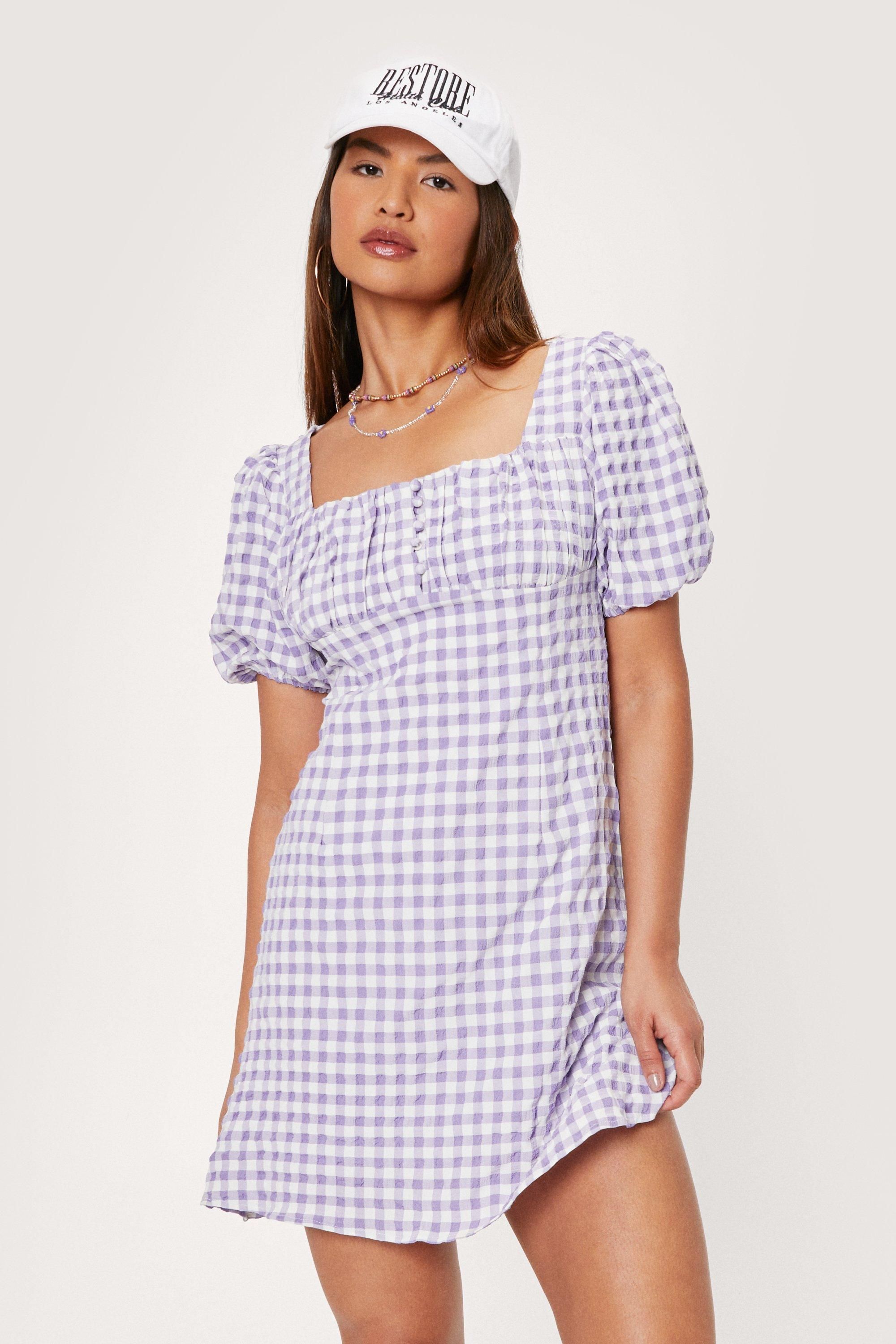 Ruched Bust Gingham Puff Sleeve Mini Dress | Nasty Gal (US)