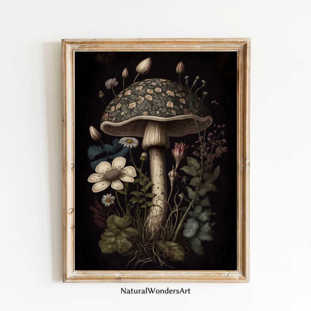 Dark Floral Mushrooms Dark Cottagecore Floral Print Nature Wall Art Goblincore,vintage Aesthetic ... | Etsy (US)