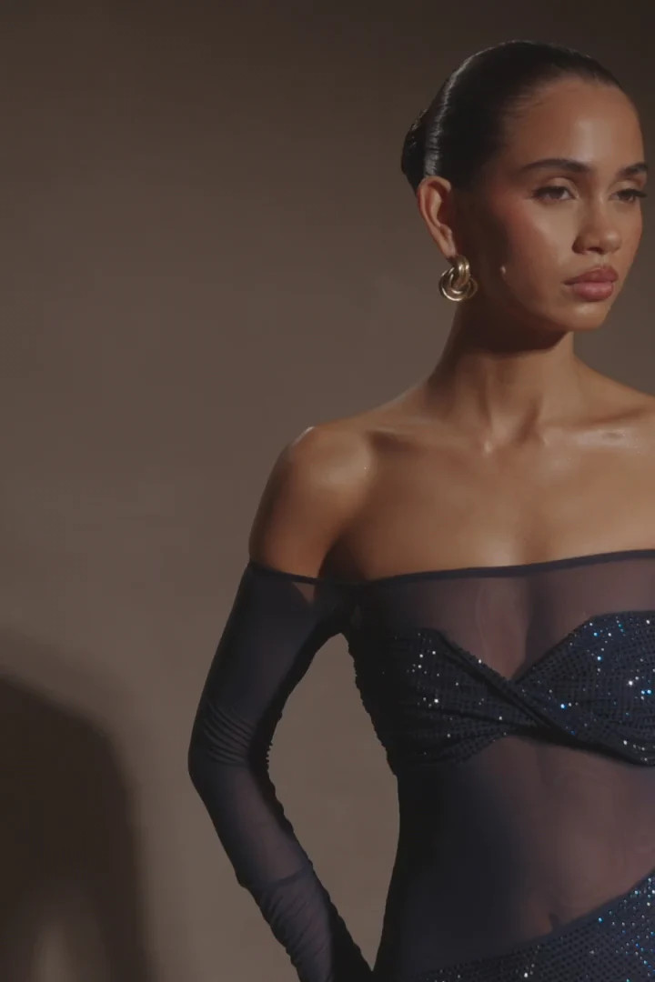 Diamante Off Shoulder Maxi Dress - Navy | MESHKI US