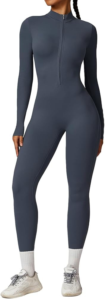 ECUPPER Women Long Sleeve Bodycon Jumpsuit Zip Up Yoga Unitard One Piece Workout Rompers Full Len... | Amazon (US)