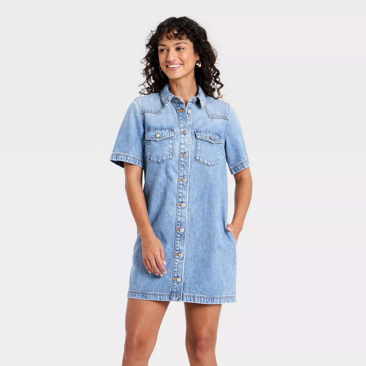 Women's Short Sleeve Denim Mini Shirtdress - Universal Thread™ Medium Wash XS | Target
