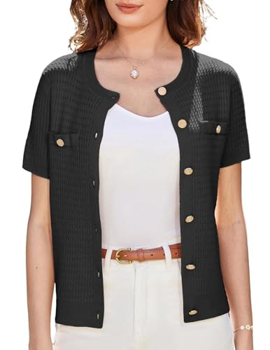Short Sleeve Cardigan for Women Summer Gold Button Down Sweater Tops Casual Cardigan Sweater Office Business Outfits (Black,M) | Amazon (US)