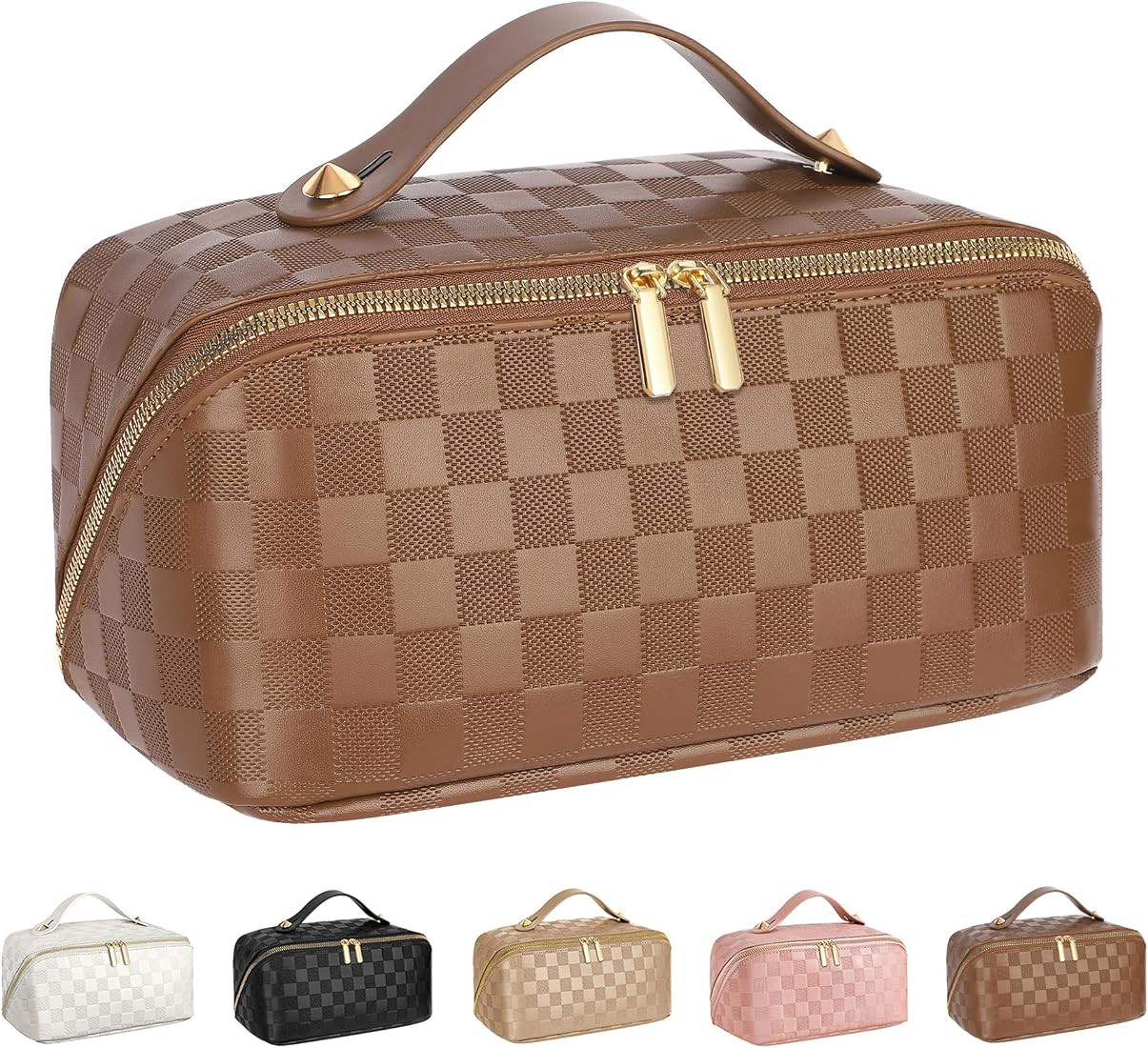 ALEXTINA Large Capacity Travel Cosmetic Bag - Portable Women Waterproof PU Leather Checkered Makeup  | Amazon (US)