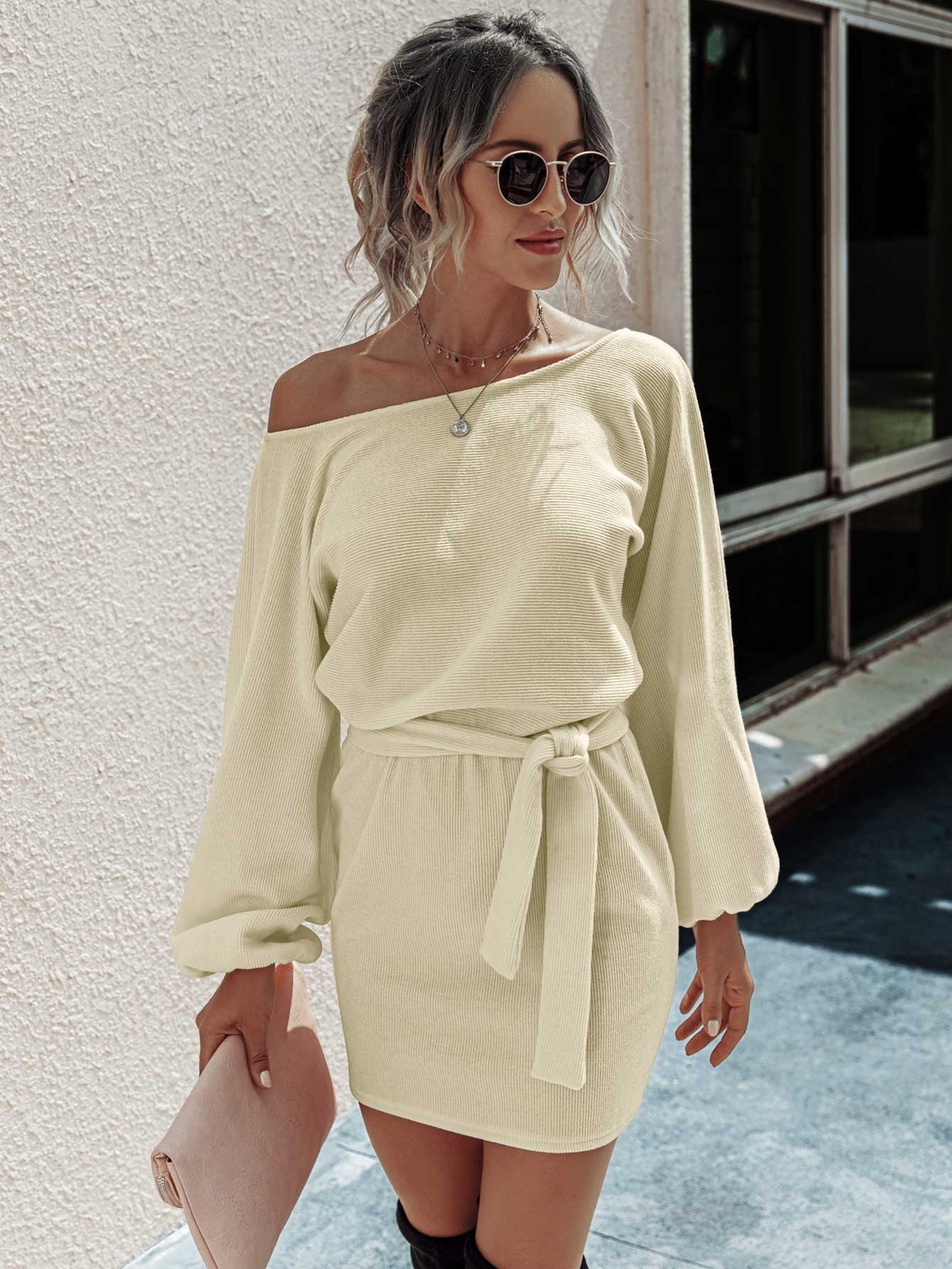 Ribbed Surplice Front Belted Fitted Dress | SHEIN