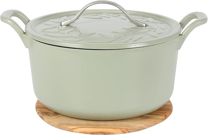 7 Qt Cast Iron Dutch Oven W/Embossed Lid, European Enamel, & Olive Wood Trivet - Matte Sage | Amazon (US)