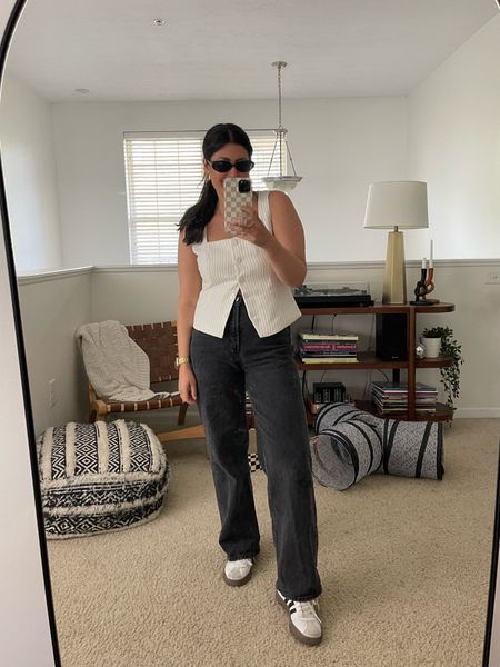 White striped vest (medium) | black wide leg jeans (8) | adidas sneakers (TTS) | black sunglasses | gold jewelry 

Spring Fashion, summer outfit, casual outfit idea, spring casual outfit 

#LTKfindsunder100 #LTKmidsize #LTKstyletip