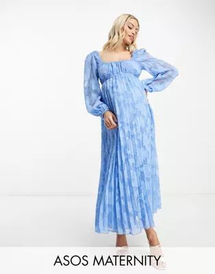 ASOS DESIGN Maternity sweetheart neckline burnout pleated midi dress in cornflower blue | ASOS (Global)