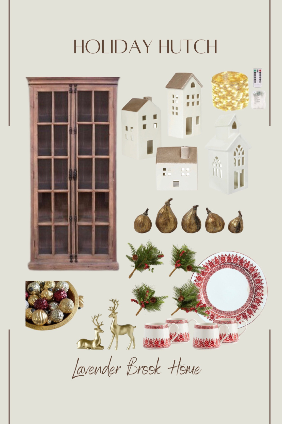 Holiday Hutch Decor includes beautiful heirloom plates and mugs, bowl fillers, decorative sprigs, and a mini village and lights. 

#LTKHoliday #LTKHolidaySale #LTKSeasonal
