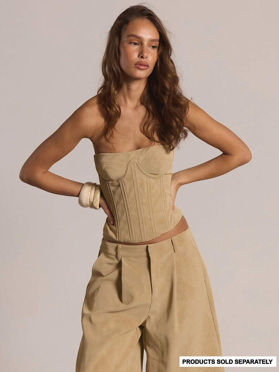 MUSERA Boned Zip Up Strapless Suede Corset Top Only  Casual Going Out Sexy Everyday Night Out Cut... | SHEIN