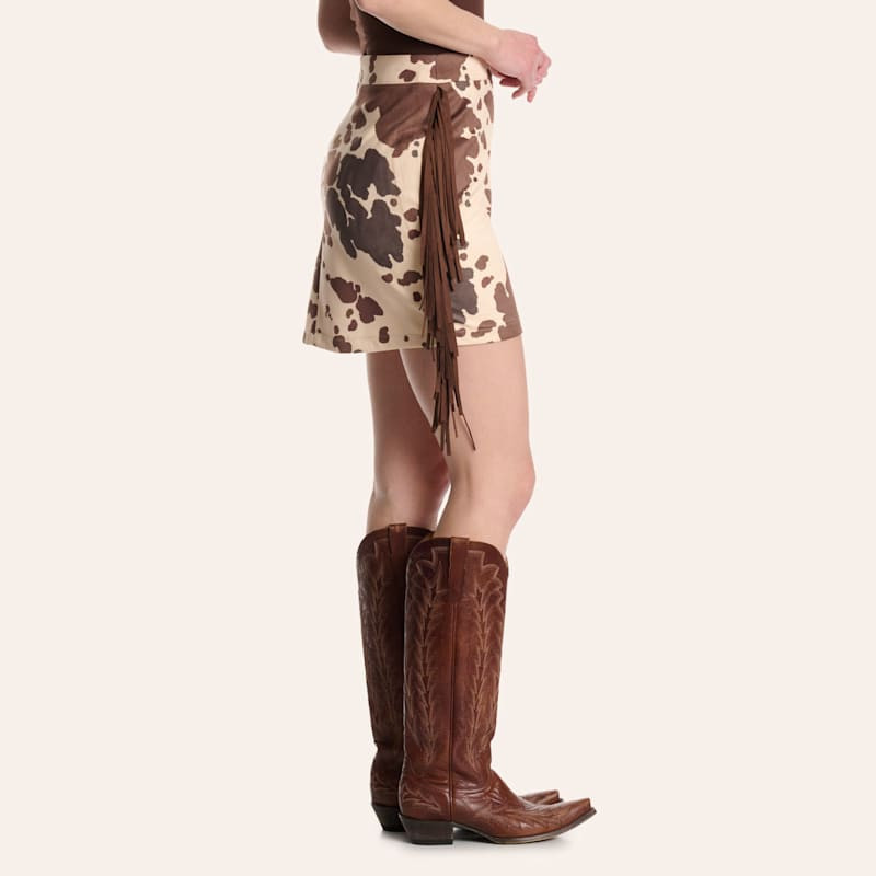 Rockin' C Women's Cream Cow Print Fringe Mini Skirt | Cavender's