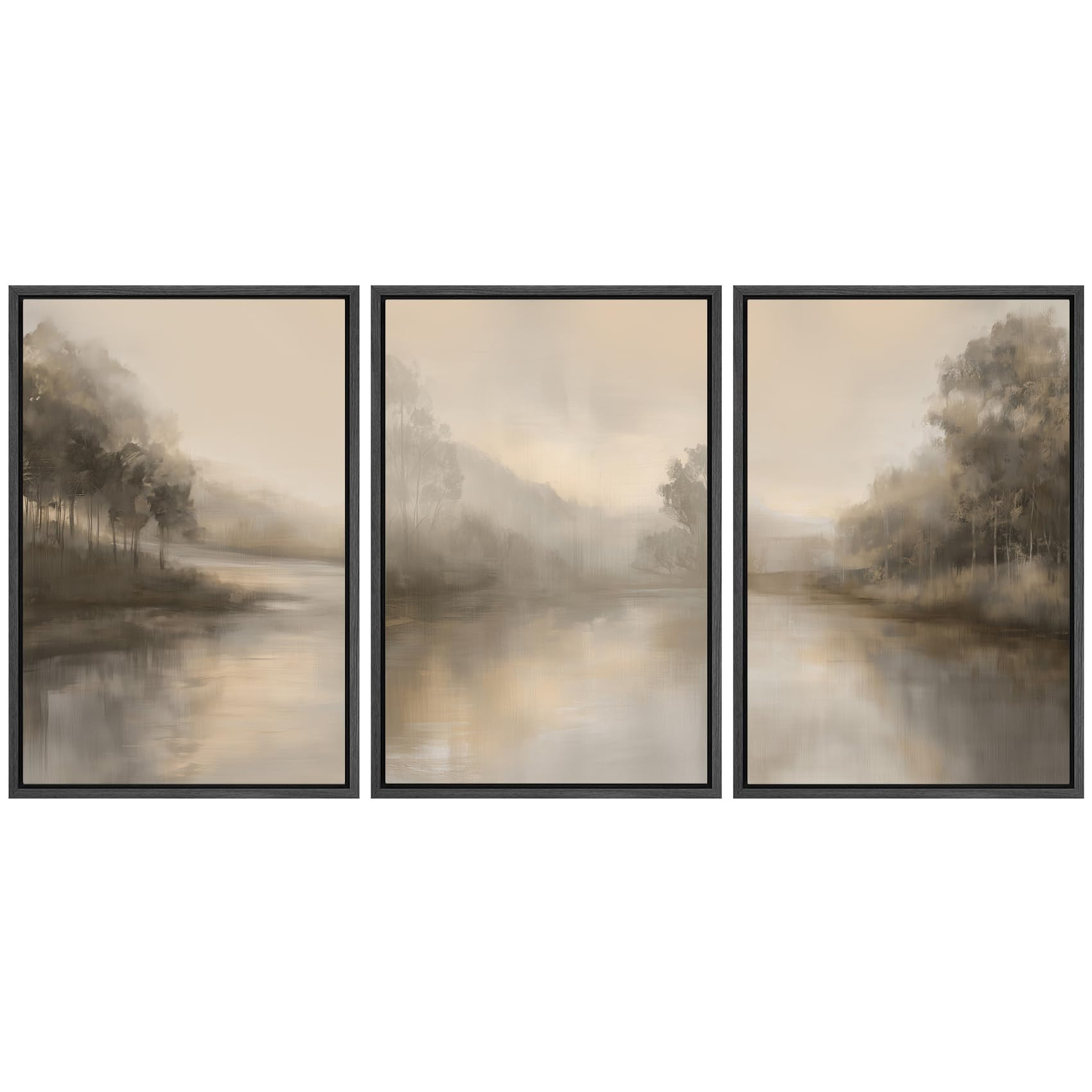 SIGNFORD Framed Canvas Print Wall Art Set Neutral River Landscape Calm Nature Forest Illustration... | Amazon (US)
