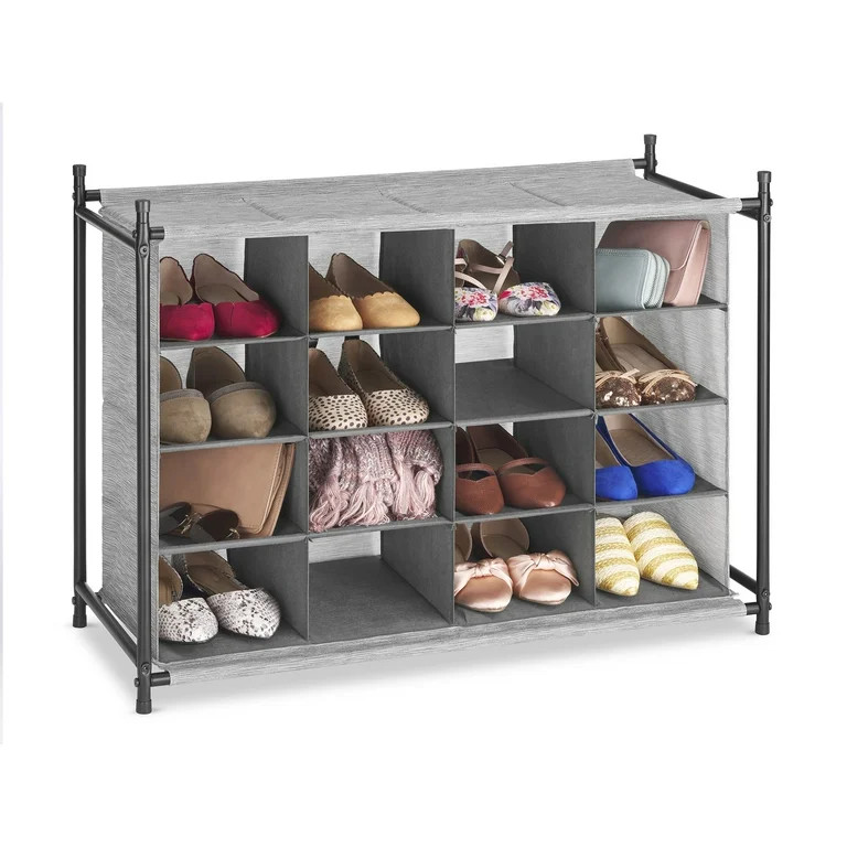 Whitmor 4-Tier Fabric Shoe Rack, Space-Saving Storage Cubbies, 16-Cubbies, Gray & Black | Walmart (US)