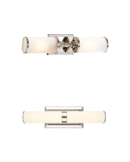 Save and splurge on this modern vanity light. Both a warm polished nickel. 