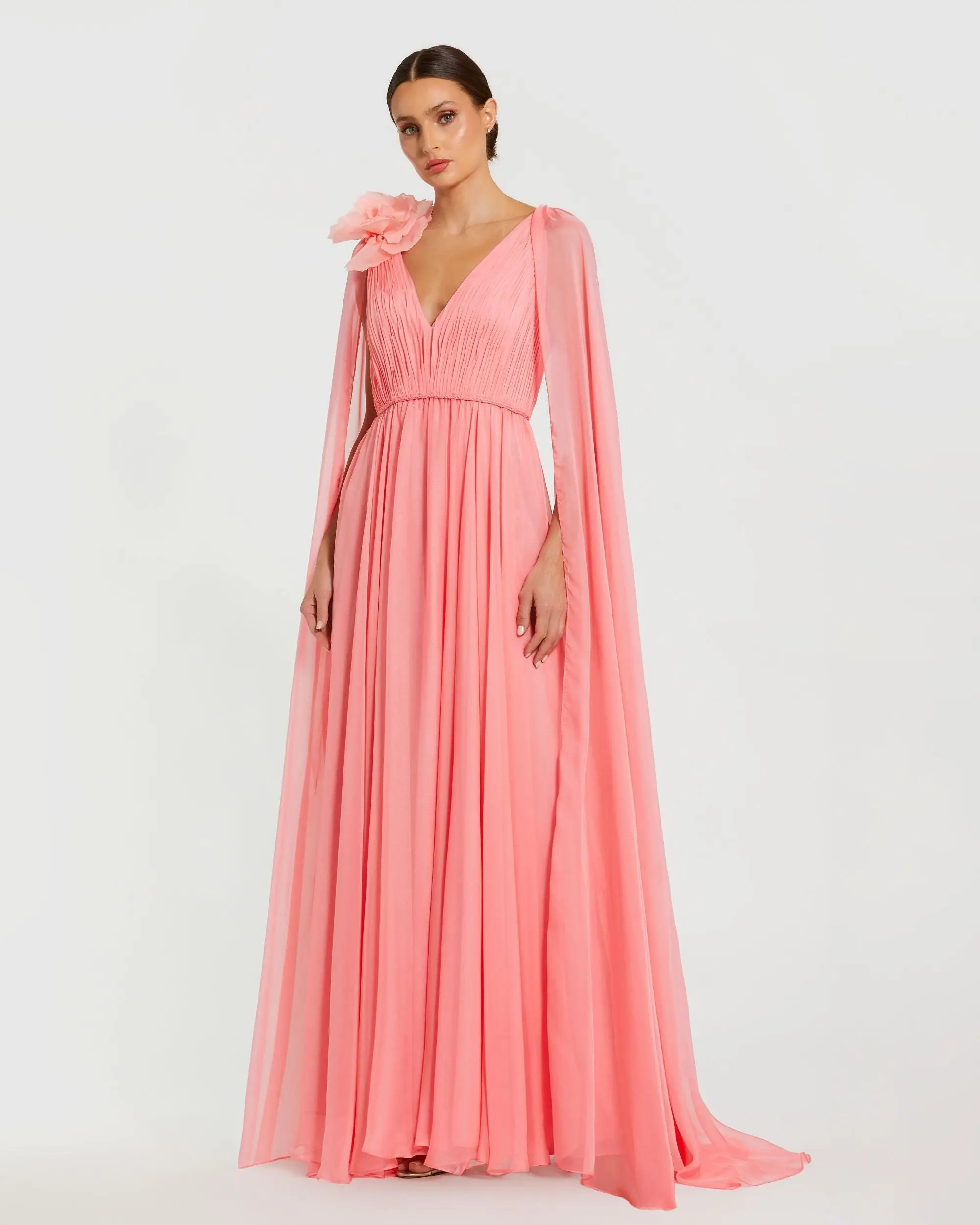 Pink Chiffon V-Neck Gown With Cape Sleeves | Mac Duggal | Mac Duggal