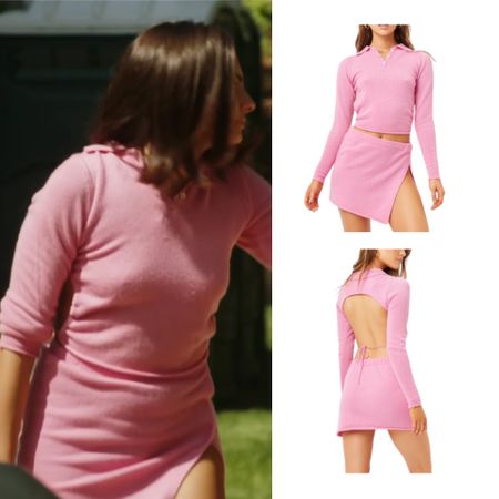Paige DeSorbo’s Pink Backless Polo and Skirt Set