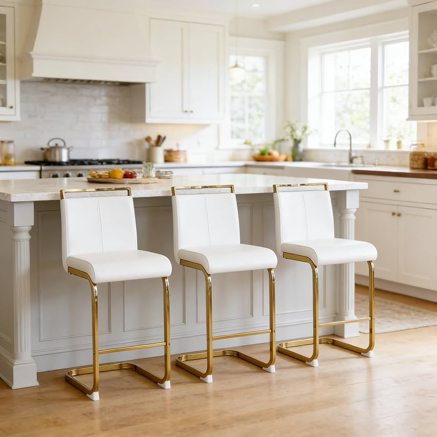 Bar Stools Set of 3,Gold Bar Stools with Back,25" White Island Chairs with Gold Chrome Plated Metal Leg,Faux Leather Counter Height Barstools for Pub Kitchen Counter | Amazon (US)