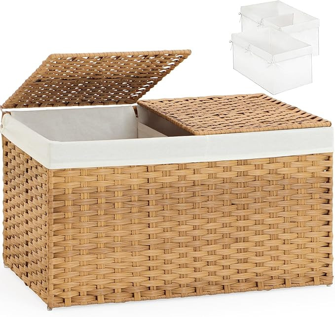 Storage Basket with Lid Rattan Woven Storage Baskets with 2 Separate Lids, 17.2 Gallon (65 L), 22... | Amazon (US)