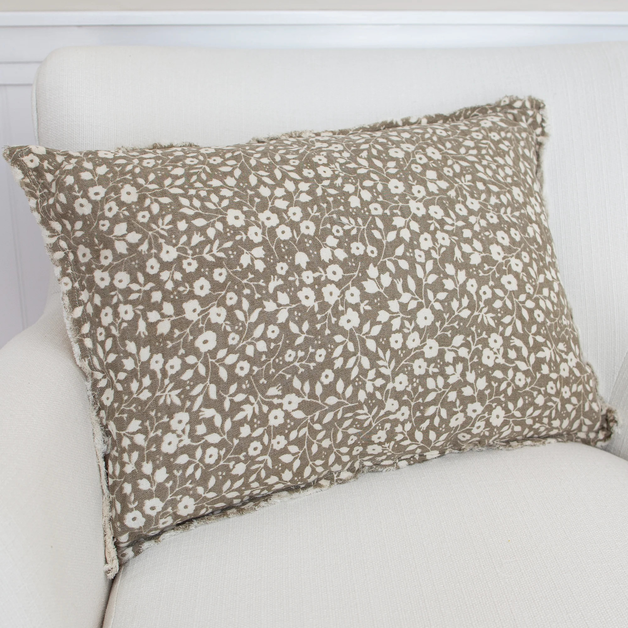 Beige Floral and Leaf Lumbar Pillow- 14in x 20in | Interior Delights