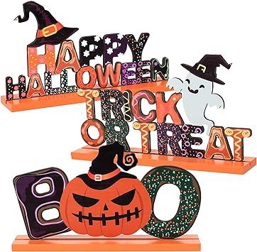 ANPHSIN Set of 3 Happy Halloween Wooden Centerpiece Signs- Trick or Treat Table Toppers Table Sig... | Amazon (US)