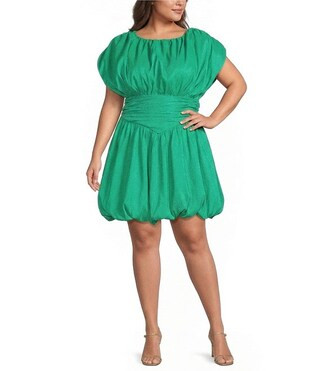 Plus Size Avery Mock Neck Cap Sleeve Ruched Bubble Hem Satin Mini Dress | Dillard's
