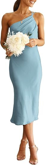 PRETTYGARDEN Women's Midi Satin Dress One Shoulder Spaghetti Strap Backless Ruched Summer Bodycon... | Amazon (US)