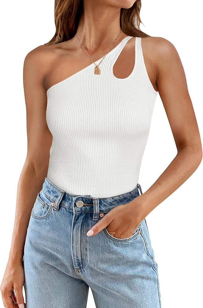 ZESICA One Shoulder Tops for Women Sleeveless Summer Top Cut Out T Shirt Ribbed Knit Basic Tank S... | Amazon (US)