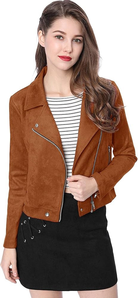Allegra K Women's Short Soft Zip Up Faux Suede Biker Moto Jacket | Amazon (US)