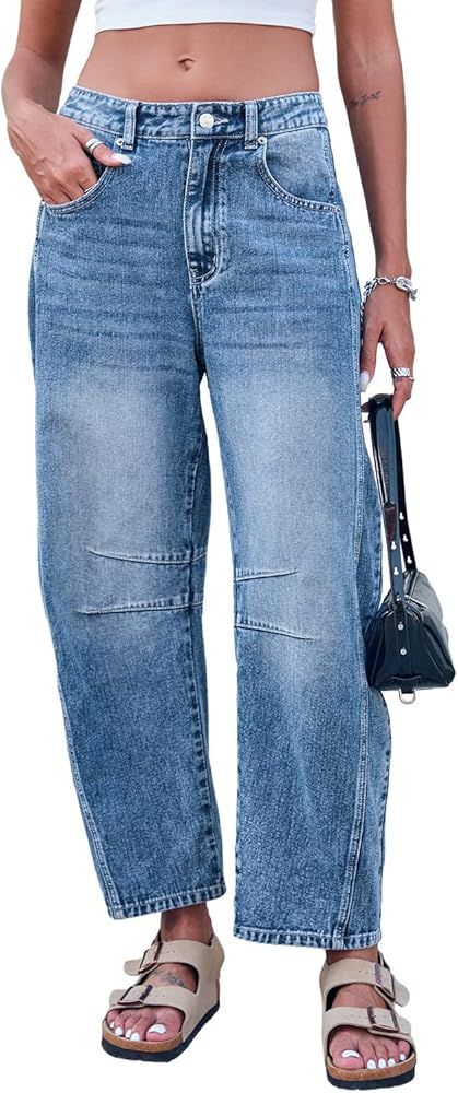 Mid Rise Barrel Jeans for Women Wide Leg Mid Waist Cropped Denim Pants Y2k Baggy Boyfriend Jeans ... | Amazon (US)