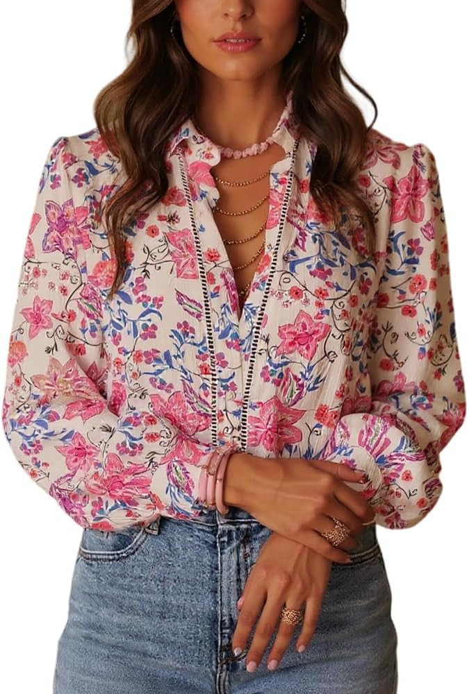 Women's Fall Boho Floral Graphic Lantern Long Sleeve Silky Shirt Tops Button Down Vacation Blouse... | Amazon (US)