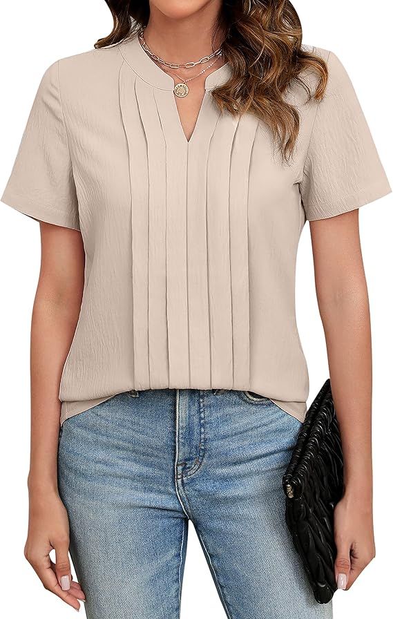 Blooming Jelly Women's Dressy Casual Blouses Business Work Tops Short Sleeve V Neck Pleated T Shi... | Amazon (US)