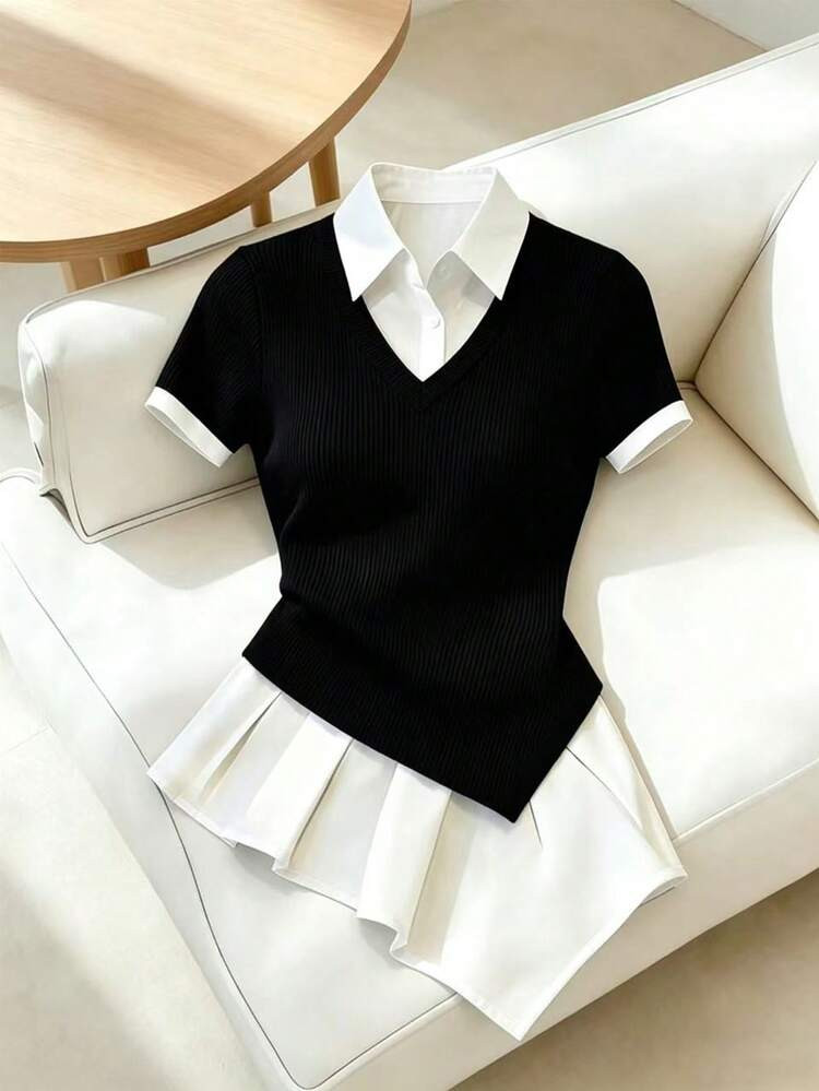SHEIN Franclia Women's French Elegance, Black And White Color Blocking Design, Polo Collar, Short Sleeves, Asymmetrical Hem, Elegant Women's Top, Elegant Women's Outfit, Summer Vacation Outfit, Women's Casual Top, Women's Casual Outfit, White Top, Country Style Top, Women's Country Style Clothing, Country Style, Women's Holiday Outfit, Black Top, Summer Women's Top, Spring And Summer Outfit, New Women's TopGraduation Season Attire, Fashionable Casual Commuter Wear, Business Office Wear, Versatile And Stylish Everyday Casual Wear, Urban Teacher's Professional Attire | | SHEIN