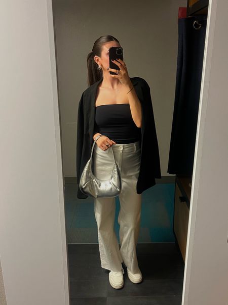 Spring outfit inspo | Black tube top, oversized blazer, silver purse, straight leg white jeans. 

Dinner outfit inspo 

#LTKSeasonal #LTKstyletip #LTKsalealert