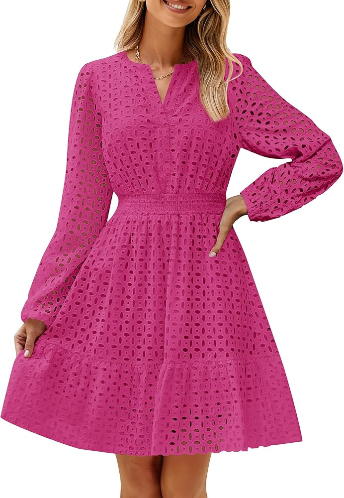 ZESICA Women's 2025 Long Sleeve Mini Dress Fall V Neck Hollow Out Eyelet Embroidery Ruffle A Line... | Amazon (US)