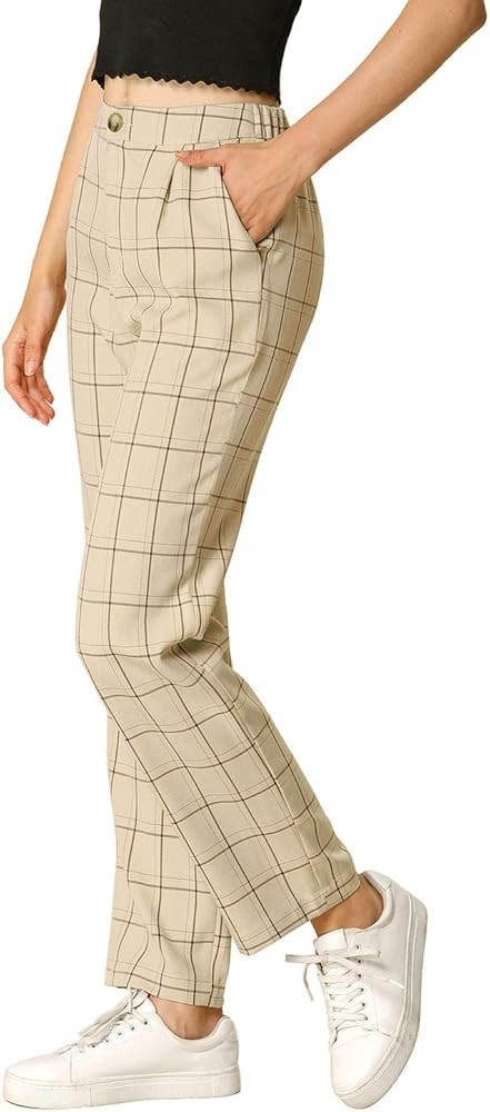 Allegra K Women's Plaid Pants Elastic Waist Casual Work Office Long Trousers | Amazon (US)