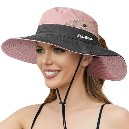 Sun Hats for Women, Wide Brim Beach Bucket Hats with Ponytail Hole, Outdoor UV Protection Foldable Fishing Hat Cooling Mesh Hiking Bucket Hat, Pink | Amazon (US)