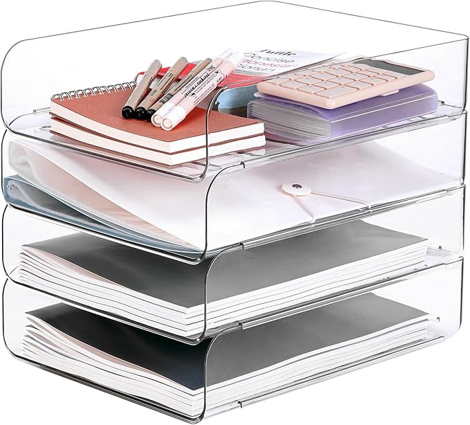 Set of 4 Office Organization and Storage, Clear PET Letter Tray Desk Organizer, Stackable Documen... | Amazon (US)