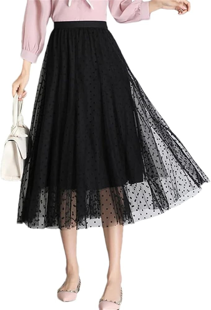 Women High Waist Polka Dot Tulle Skirts Mid-Calf Mesh Skirt | Amazon (US)