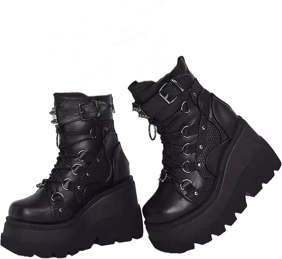 Women's High Heel Combat Boots Square Toe Lace up Zip High Heel Wedge Boots Chunky Platform Ankle... | Amazon (US)